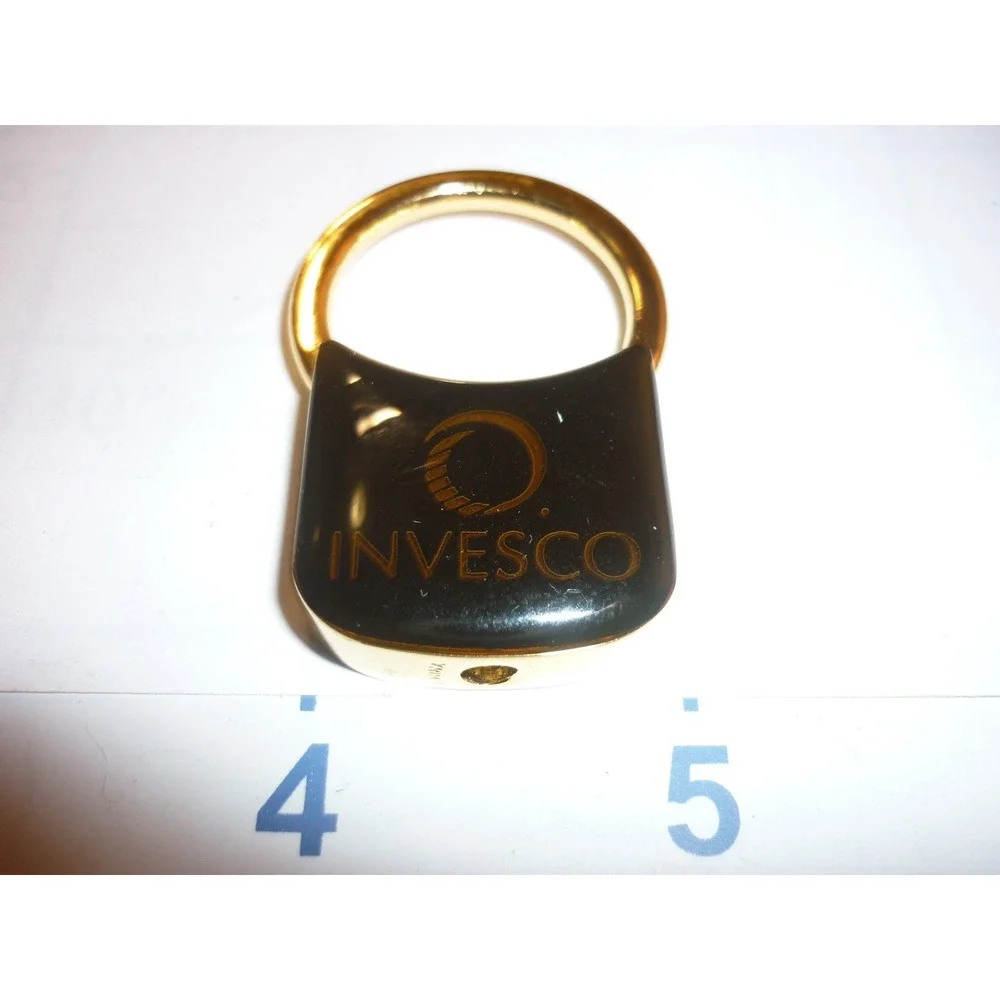 Invesco Corporate Logo Gold Tone Black‎ Enamel Padlock Shape Keychain Key Ring